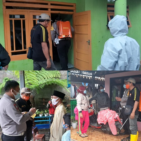 Cegah Penyebaran Covid-19, Bhabinkamtibmas Polsek Kalibaru dan Pemdes Kajarharjo Lakukan Penyemprotan Disinfektan di Pemukiman Warga