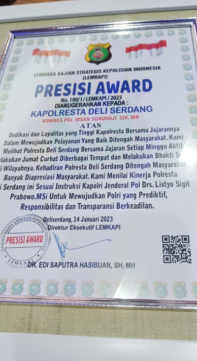 Gencar Temui Masyarakat, Polresta Deli Serdang Dianugerahi Penghargaan Presisi Award