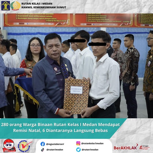 280 Orang Warga Binaan Rutan Kelas I Medan Mendapat Remisi Natal, 6 di Antaranya Langsung Bebas