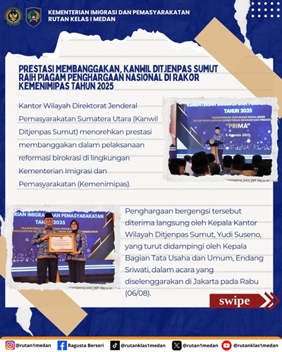 Kanwil Ditjenpas Sumut Raih Piagam Penghargaan Nasional di Rakor Kemenimipas 2025
